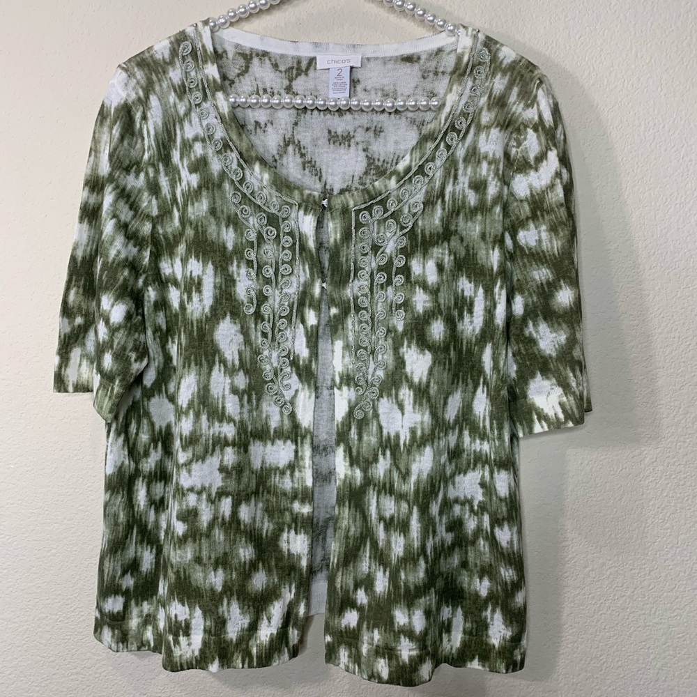 Chico’s Linen Blend Short Sleeve Cardigan, Size 2/Large